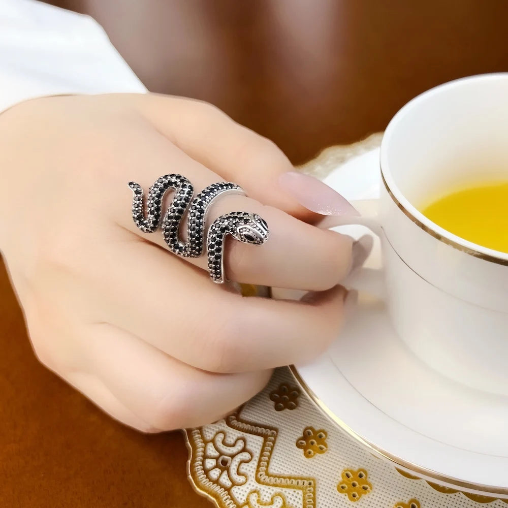 Open-end Black Snake Pave Ring,Europe Style Glam Fine Jewerly For Women Gift In 925 Sterling Silver Qme