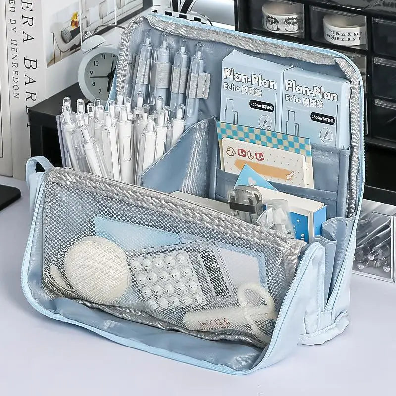 Student Stationery Bag Looking Large Capacity Pencil Case Simple Box Qme Blue
