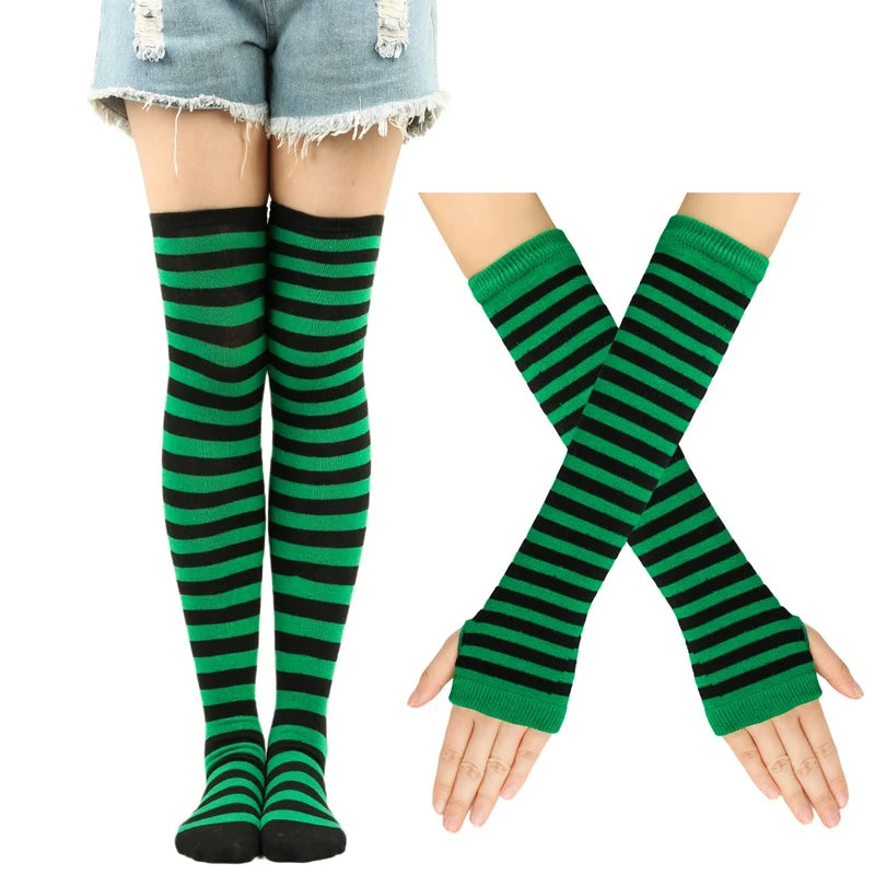 Women Girls Over Knee Long Stripe Thigh Cotton Gothic Lolita Socks Qme black green One Size