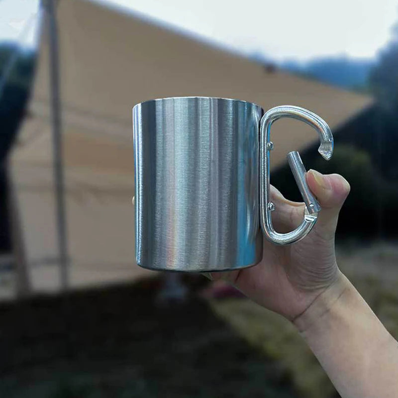 220 Camping Travel Stainless Steel Cup Carabiner Hook Handle Picnic Qme