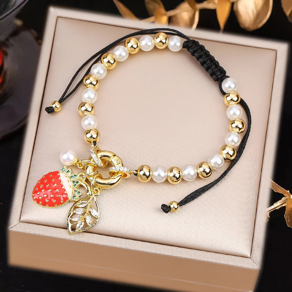 High Quality Pearl Chain Braided Crystal Cherry Adjustable Rope Bracelet Charming For Woman Girl Party Jewelry Gift Daily Wear Qme S