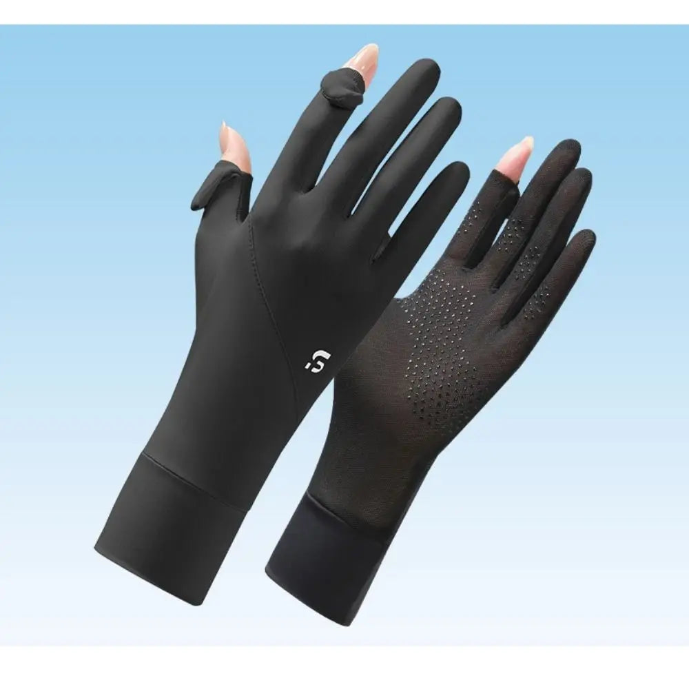 Ice Silk Women Sunscreen Gloves Thin Elastic Touch Screen Ice Silk Gloves Exposed Finger Breathable Cycling Driving Gloves Qme