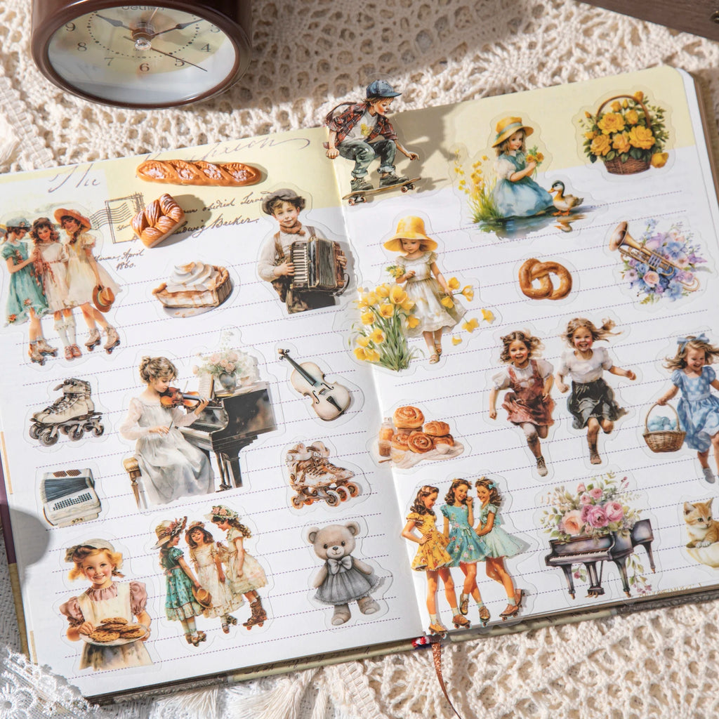 20 Sheets/Bag Childhood Time Retro Theme PET Stickers for Scrapbooking DIY Photo Album Collage Decoration Materials Qme