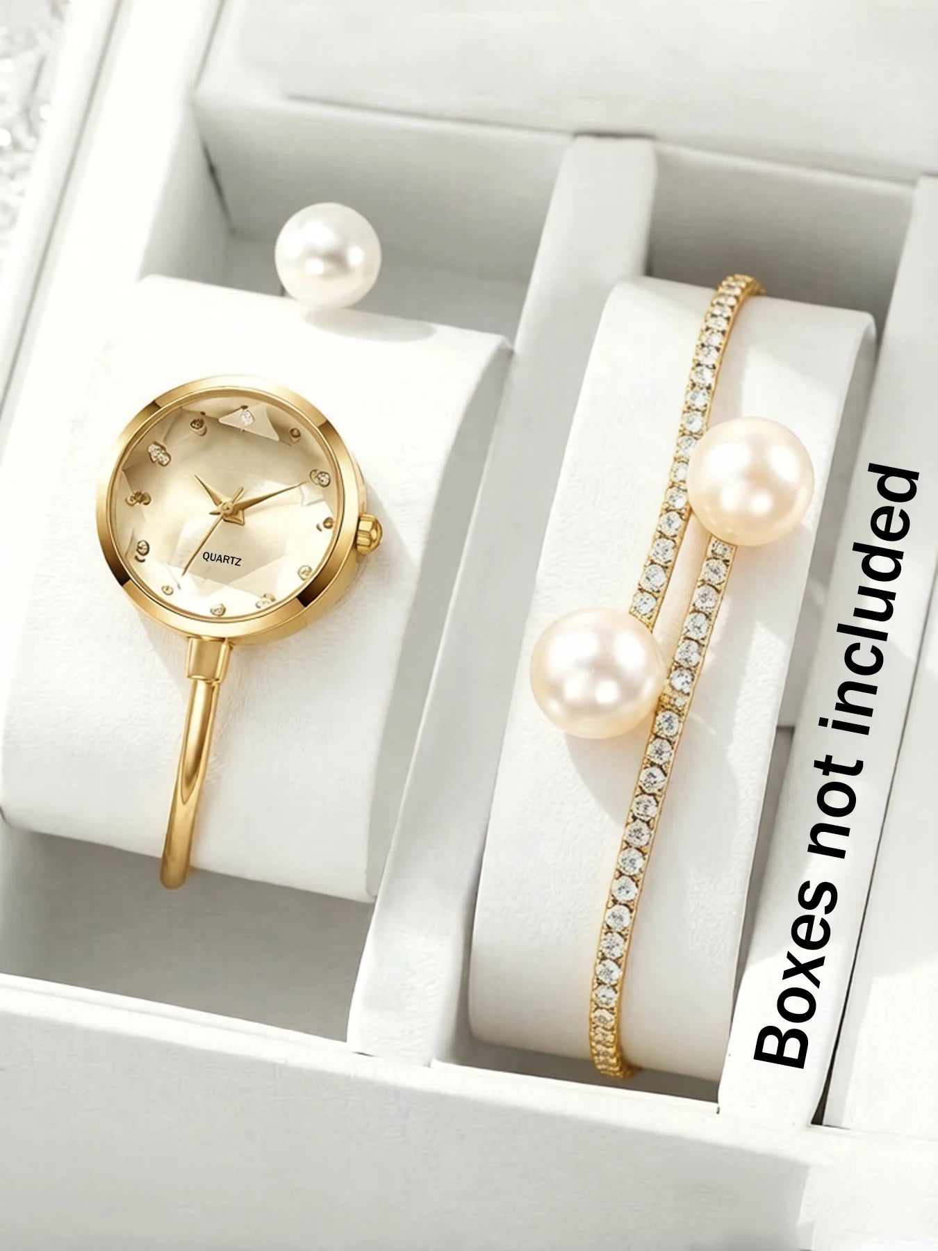 2-piece exquisite watch set, women's pearl bracelet watch, simple, personalized, versatile, lazy open mouth bracelet watch set Qme Gold No