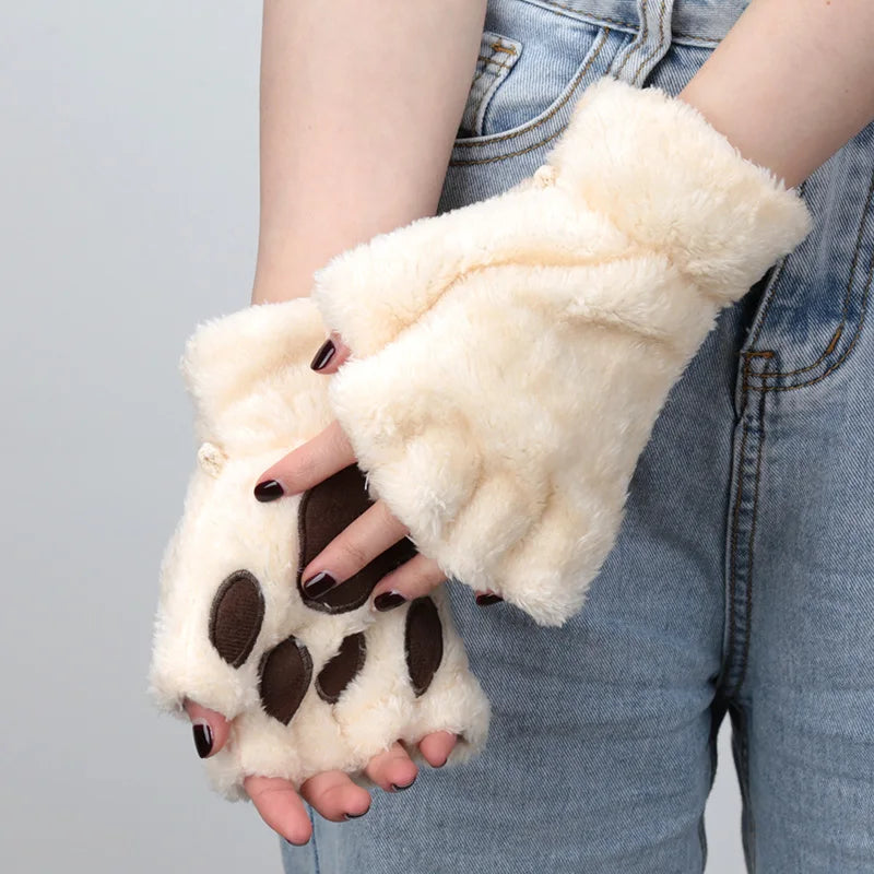 Women Cartoon Cat Claw Gloves Thickened Plush Lovely Bear Paw Exposed Qme Beige One Size