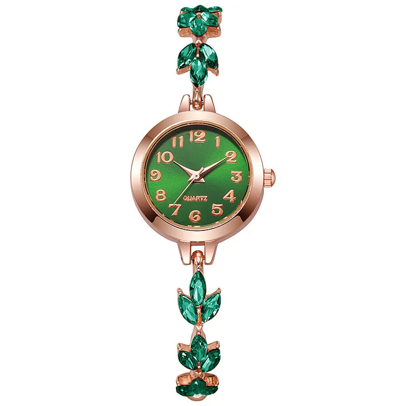 @//Elegant Women Watches Luxury Rhinestone Bracelet Bracelet Quartz Watch Reloj Mujer Girls Clock Gift（Without Box） Qme Rose Gold Green