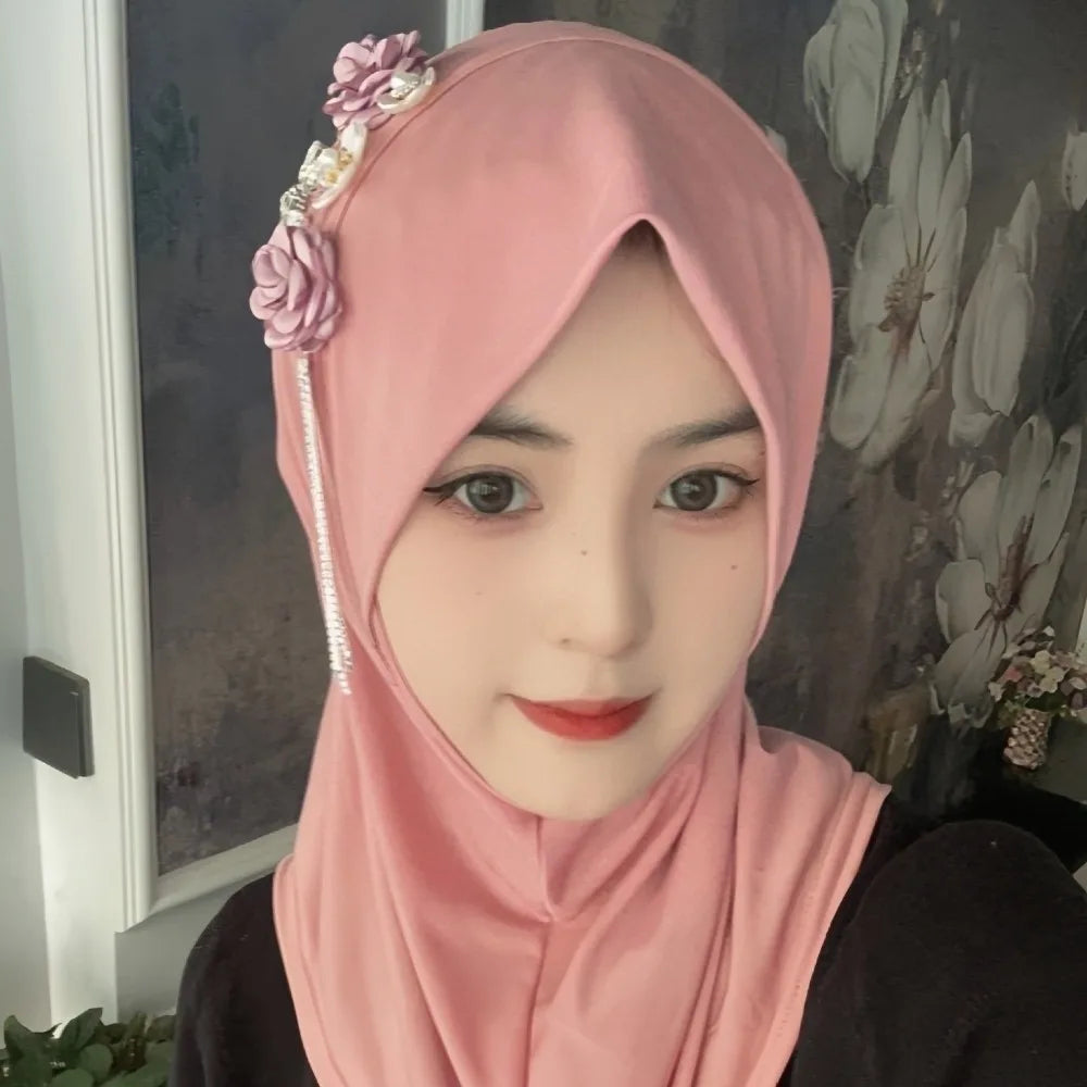 Round Neck Elastic Flower Tassel Hijab Cap Breathable Solid Color Pre-Tied Headscarf Soft Fabric Polyester Head Wrap Home Qme Pink