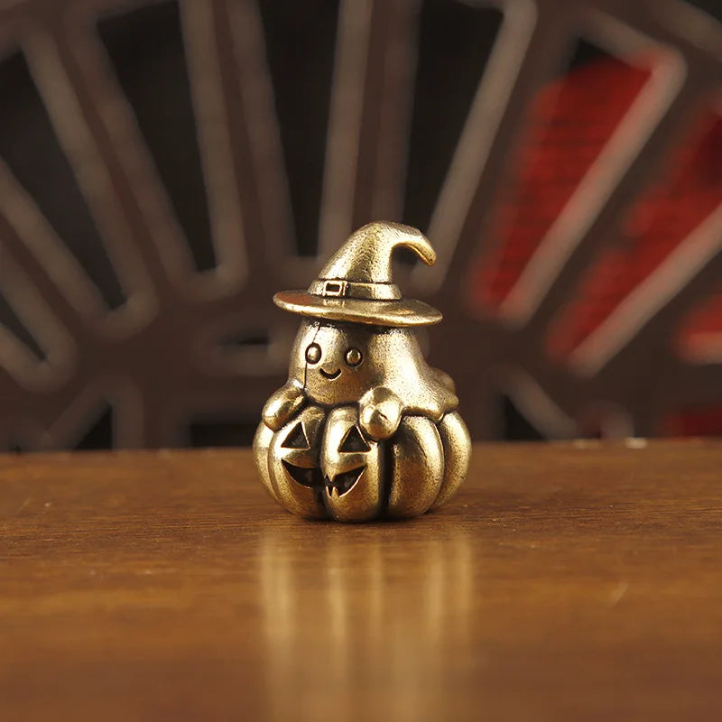 Vintage Brass Mini Ghost Pumpkin Figurine, Halloween Witch Hat Ghost Statue, Small Metal Desktop Ornament, Cute Halloween Decor Qme