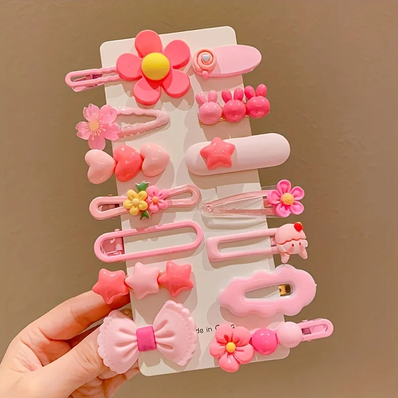 14Pcs/Set Cute Pink Hair Clips for Girls, Flower Star Bow Hairpins, Sweet Hair Accessories for Kids Daily & Party Use Qme 1set