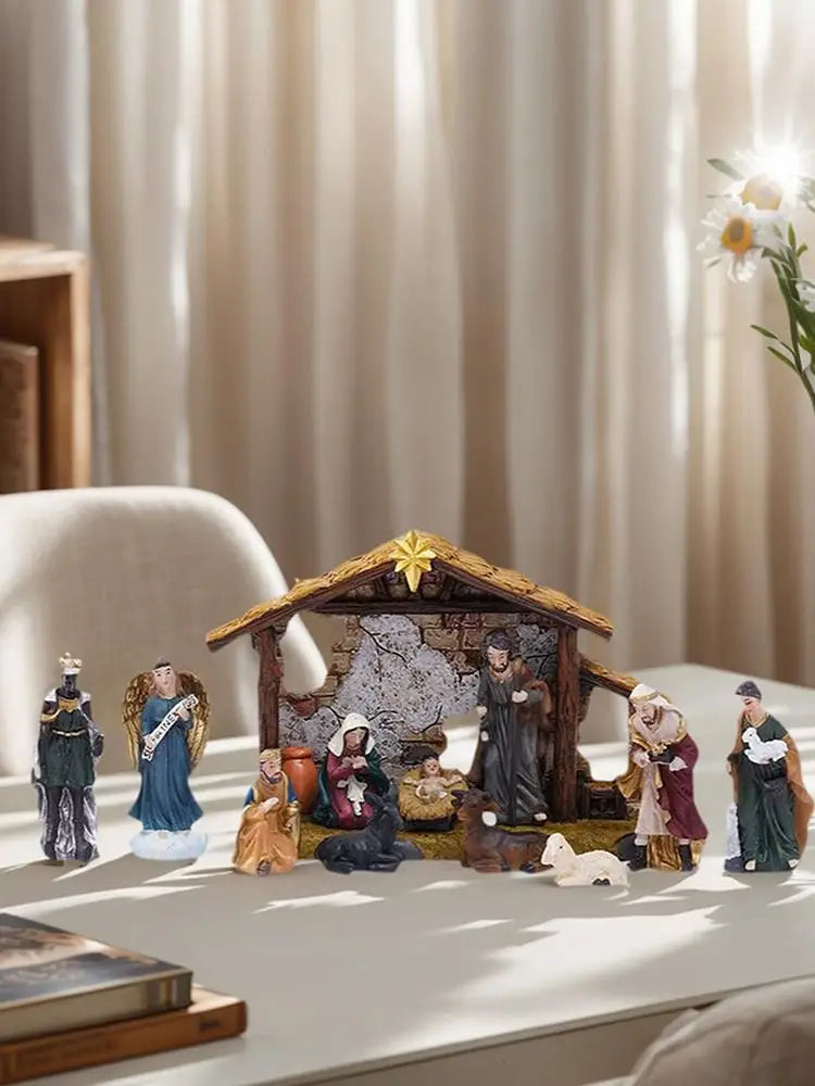 Nativity Set Resin Christmas Manger Religious Christmas Manger Nativity Figurine Set for Bookshelf Entryway Fireplace Windowsill Qme