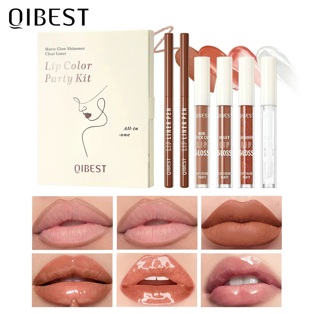 QIBEST Multi-Use Lip Makeup Sets Include 2 Lipliner,1 Liquid Lipstick,2 Mirror Lip Glaze And 1 Lip Oil Cosmetics Lipgloss Tint Qme 04