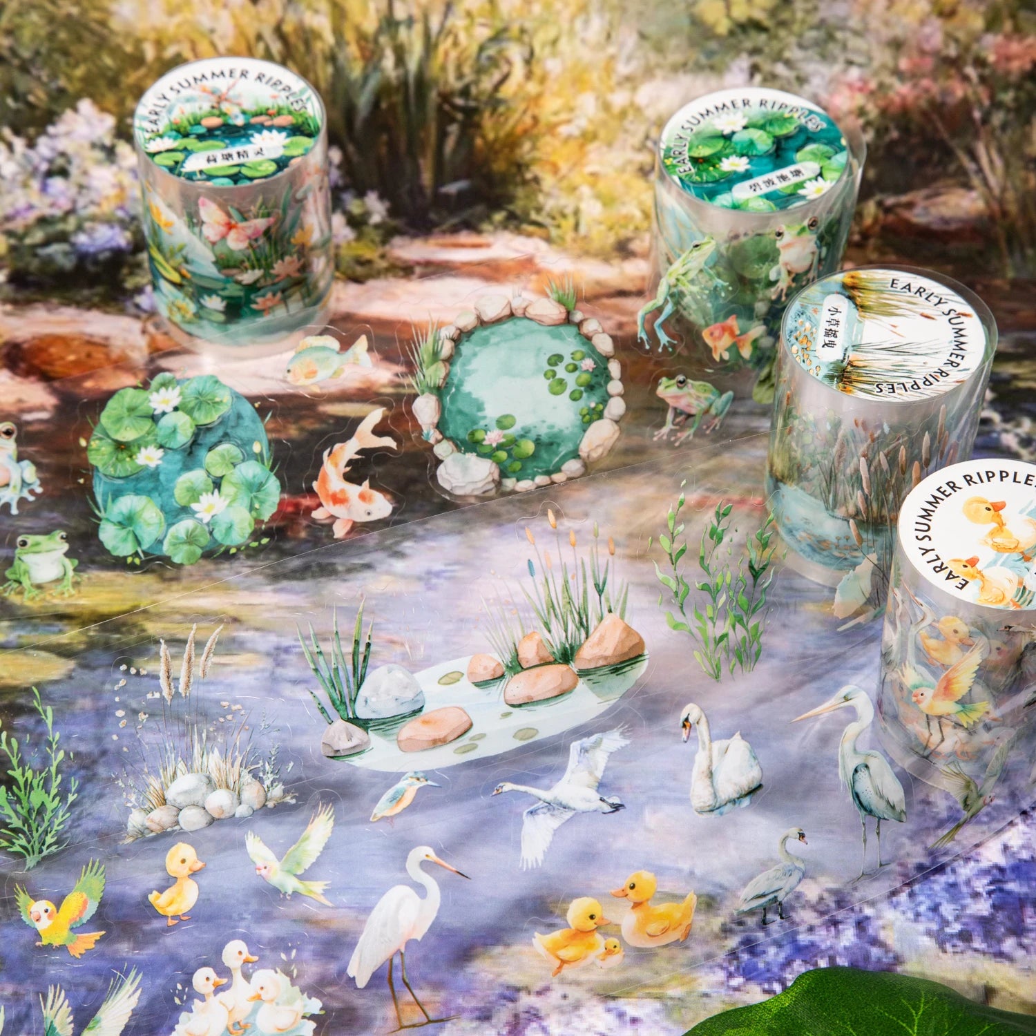 200cm/Roll Summer Lotus Pond PET Tape Cute Literary INS Style Journal Handbook Tapes Creative DIY Scrapbook Collage Stationery Qme