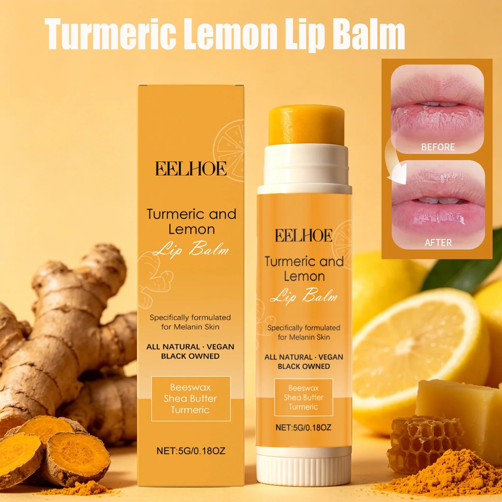 Turmeric Lemon Lip Balm Brightening Moisturizing Softens Lip Skin Protective Lip Care Cream for Dry Chapped Lips Daily Hydrating Qme