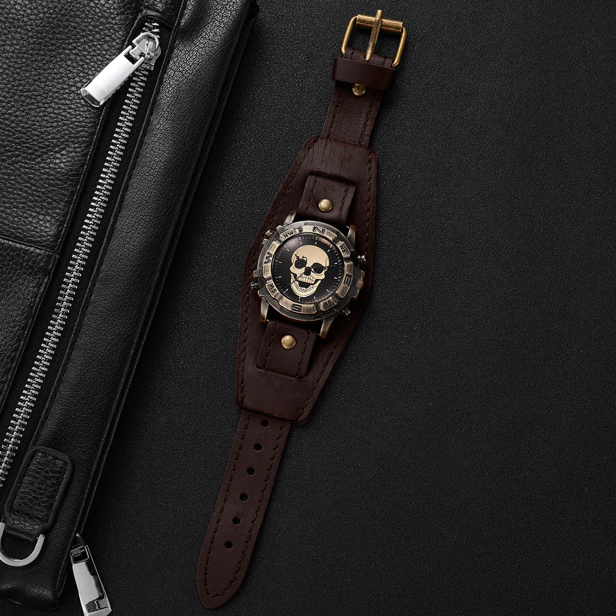 Vintage Skull Men Watch Wide Brown Leather Strap Compass Bezel Punk Style Large Dial Quartz Wrist Watch for Male Qme
