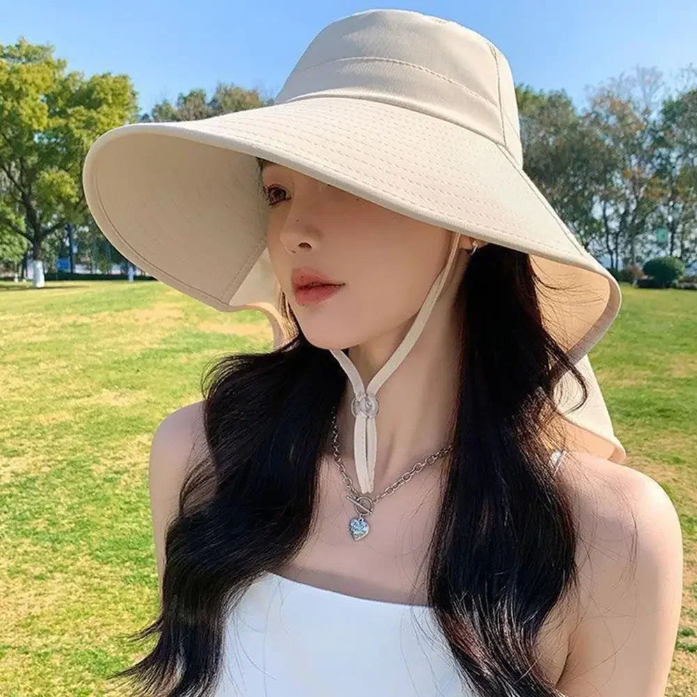 Summer Large Brim Sun Hats For Women Outdoor UV Anti Neck Protection Sun Visors Lady Fishing Hiking Shawl Sunscreen Cap Qme
