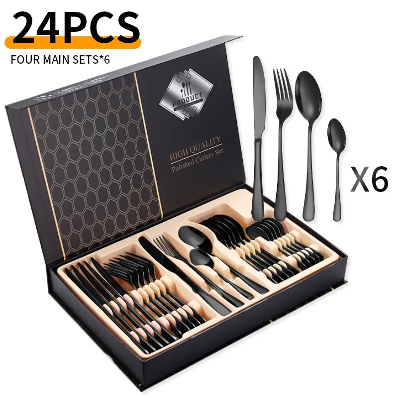 24-Piece Stainless Steel Tableware Set,Western Cutlery Steak Knife Fork Spoon, Gift Box Set for Home Restaurant Wedding Gift Qme B-24Pcs Blk