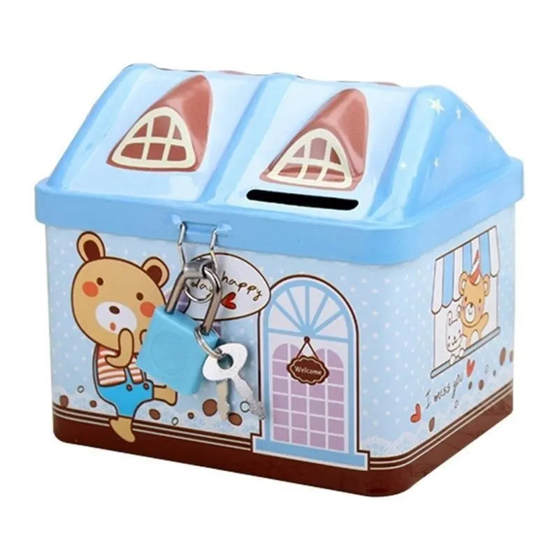 Cute Bear House Coin Box Creative Metal Bank Currency Box Coin Bank Children's Savings Tank Birthday And Christmas Gift Rabbit Qme blue