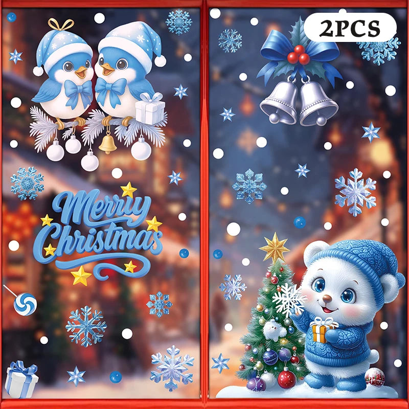 Blue Christmas Window Clings-Static Sticker Set With Bells, Reindeer, Santa, Snowflakes & Snowman For Holiday Party Decor Qme A4