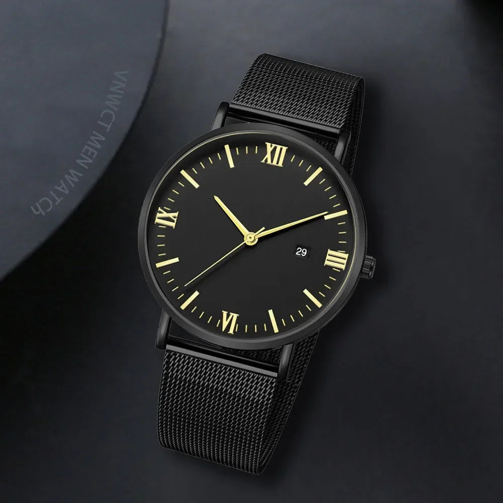 Ultra Thin Men Watch Magnetic Bracelet Quartz Watch Calendar Men Slim Mesh Steel Waterproof Sport Watch Black Relogio Masculino Qme Black Gold