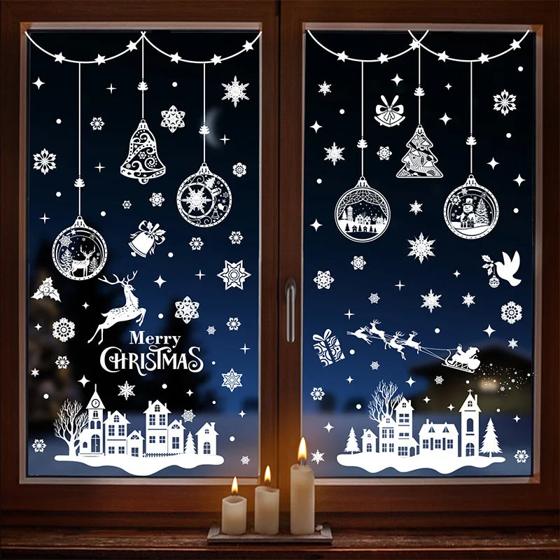 9pcs Snowflake Christmas Window Stickers Reindeer New Year Decal Wall Sticker White Christmas Electrostatic Stickers Decorations Qme