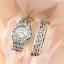 Gold Plated Full Diamond Chronograph Watch + Cuban Link Bracelet, Men's Fashion Bling Jewelry Set for Party/Streetwear Qme 2