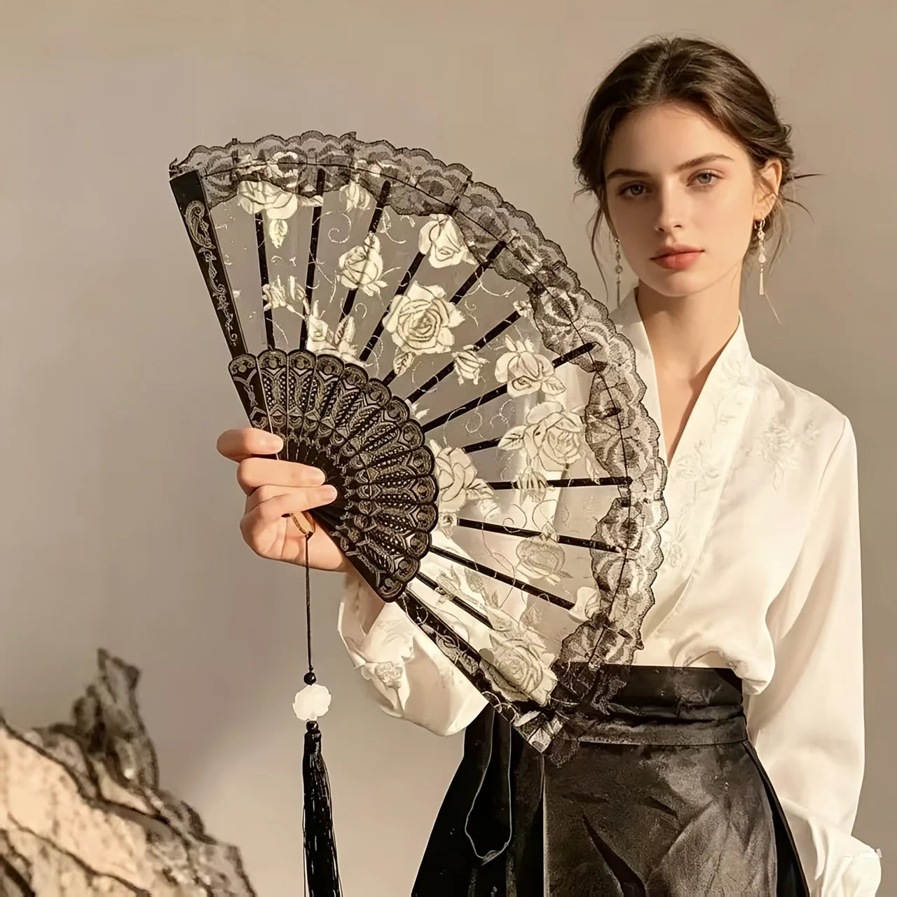 Folding Fan, Tulle Rose Embroidery Lace with Tassel Pendant, Photography Prop, Elegant Temperament Photo Atmosphere Qme