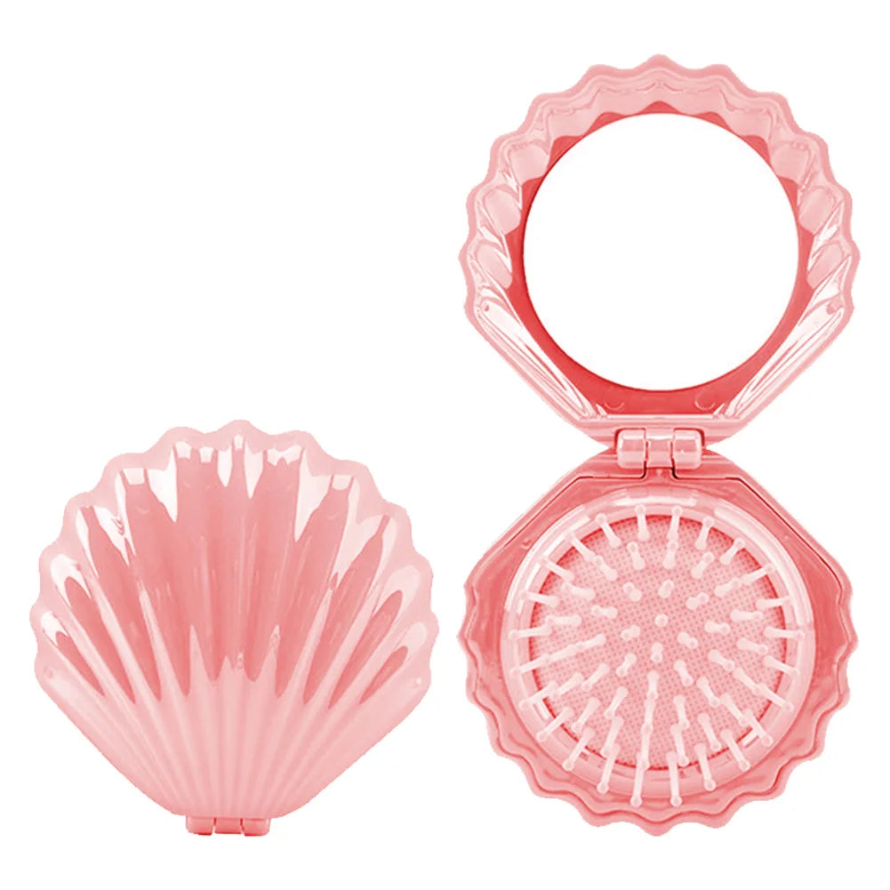 Foldable Shell Shape Comb Travel Hair Brush with Mirror Folding Pocket Hair Brush Portable Mini Hair Comb Hair Styling Tools Qme Pink