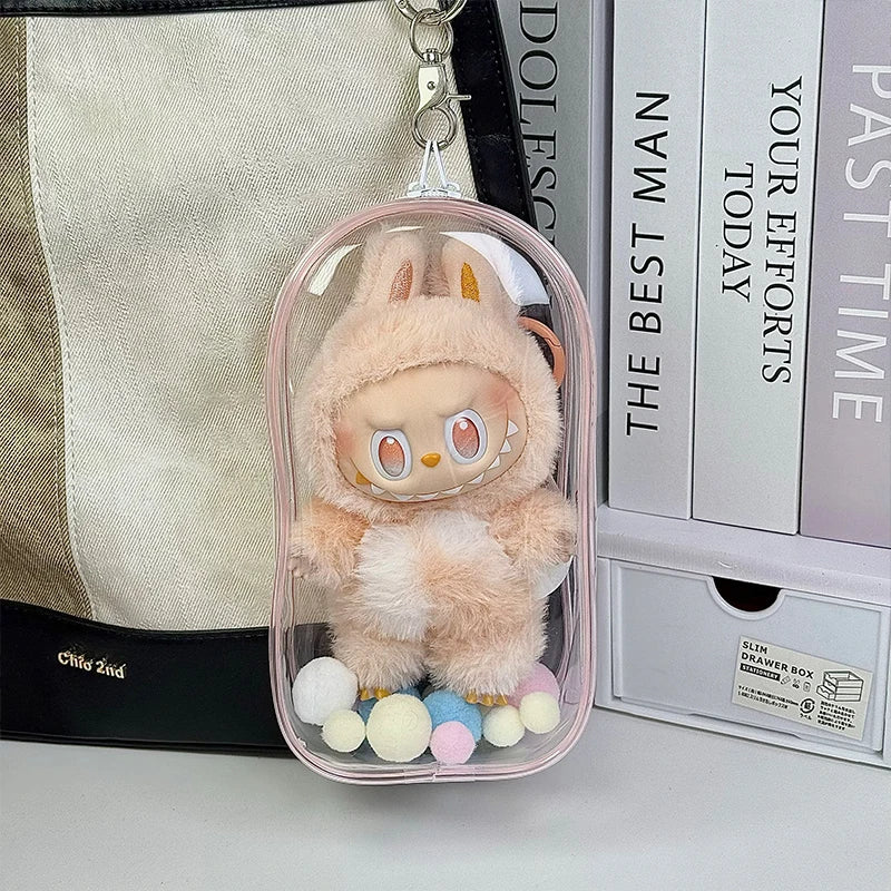 1 Labubu dust cover, PVC transparent portable storage bag for outdoor use, Labubu doll walking bag Qme Pink