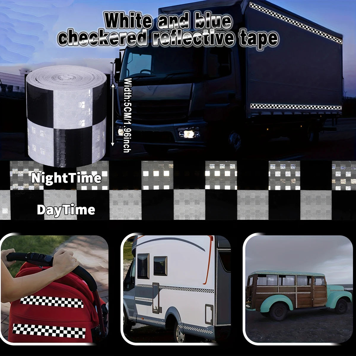Reflective Sticker Square Grid Checkered Pattern Reflector Tape Red Yellow Fluorescent White Reflect Film For Truck Car Road Qme White and Black 1m 5cm