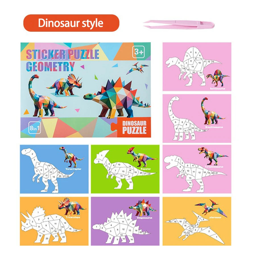3D Puzzle Stickers DIY Craft Kits Animal Collage 5 Themes Back-to-School Gift Creative Educational 9-PCS Kit with Clips Qme Dinosaur