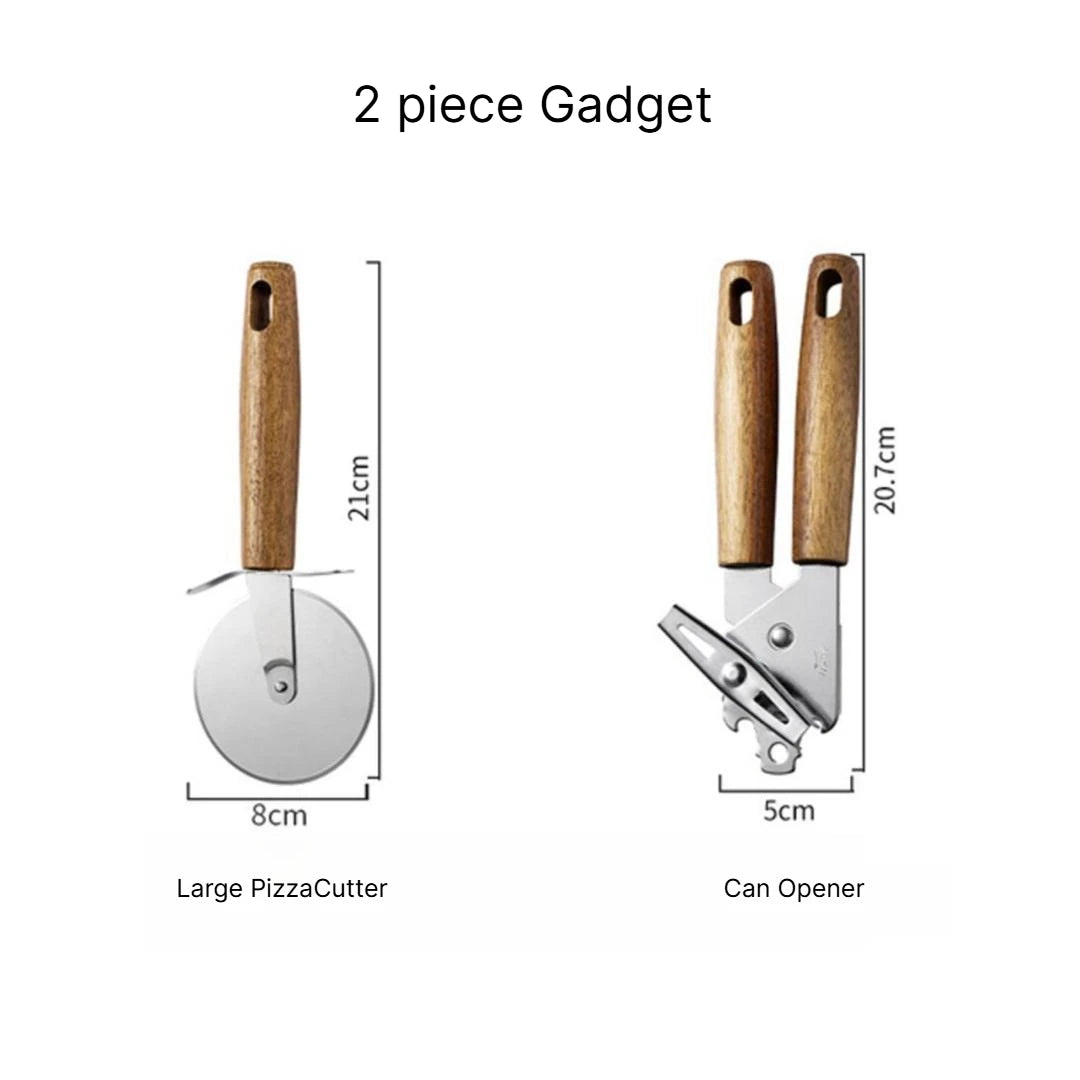 A Multifunctional Kitchen Gadgets Acacia Wood Stainless Steel Peeler Can Opener Egg Beater Pizza Cutter Cheese Spatula Set Qme 2pcs gadgets d
