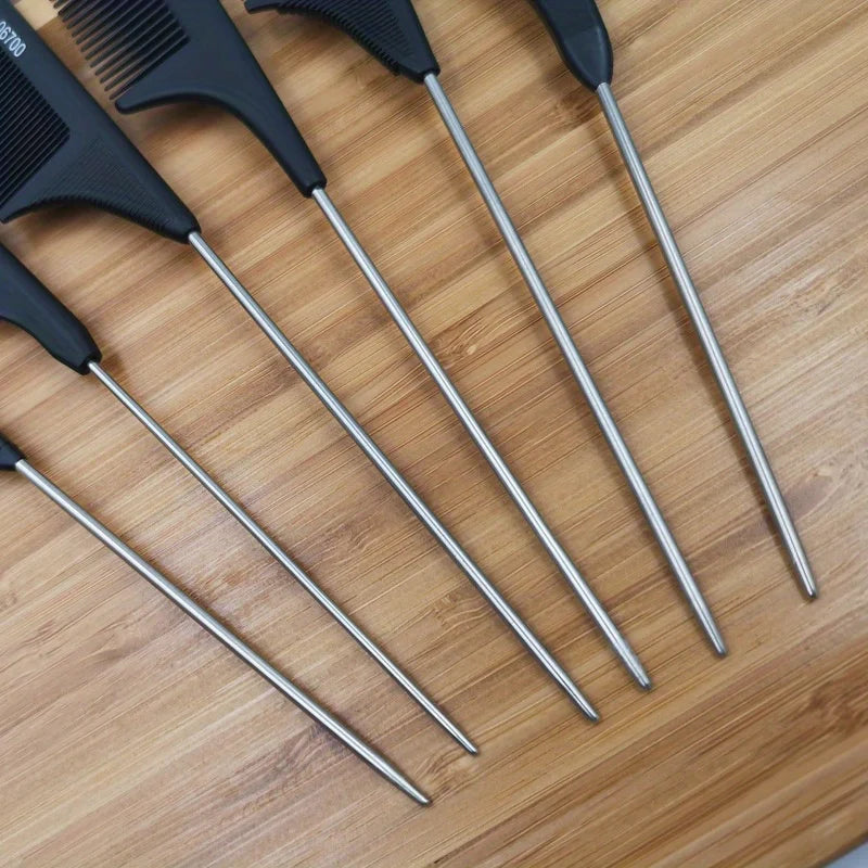 5Pcs Carbon Anti-Static Rat Tail Combs, Metal Pin Tail Comb For Hair Styling, Parting, Teasing Qme