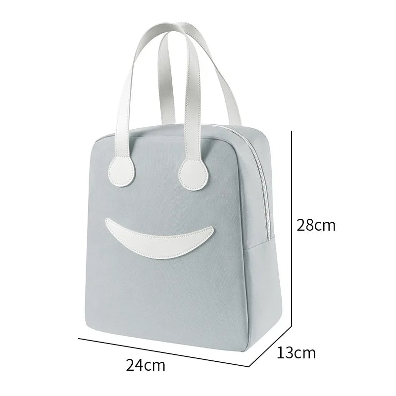 A Portable Cute Smile Lunch Bag Insulated Refrigerated Food Safe Girls Warm Food Picnic Office Student Zip Food Storage Box Qme Grey large