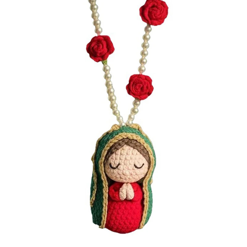 Cute Mary Statue Car Interior Decoration, Handmade Virgin Mary Charm Crochet, Elegant Religious Figurines Hanging Decor Qme C