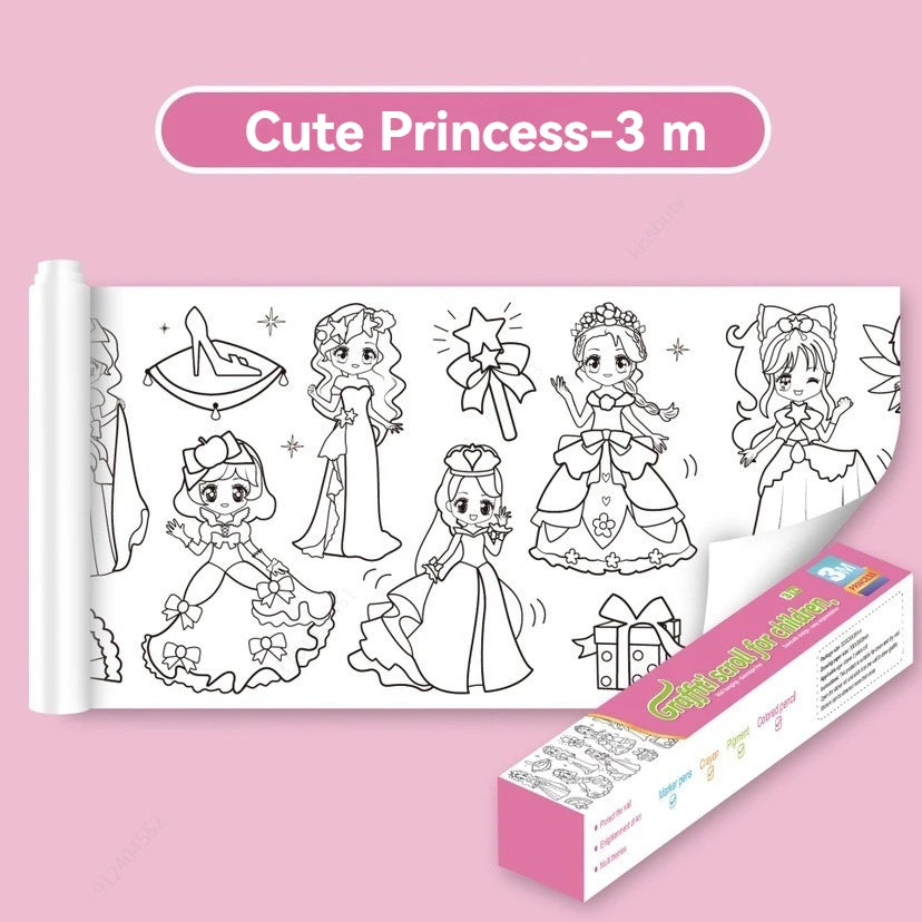 Children's Doodle Scroll Childrens Drawing Roll - 3M, DIY Coloring Paper Roll Color Filling Graffiti Paper-cut Painting School Qme Cute princess