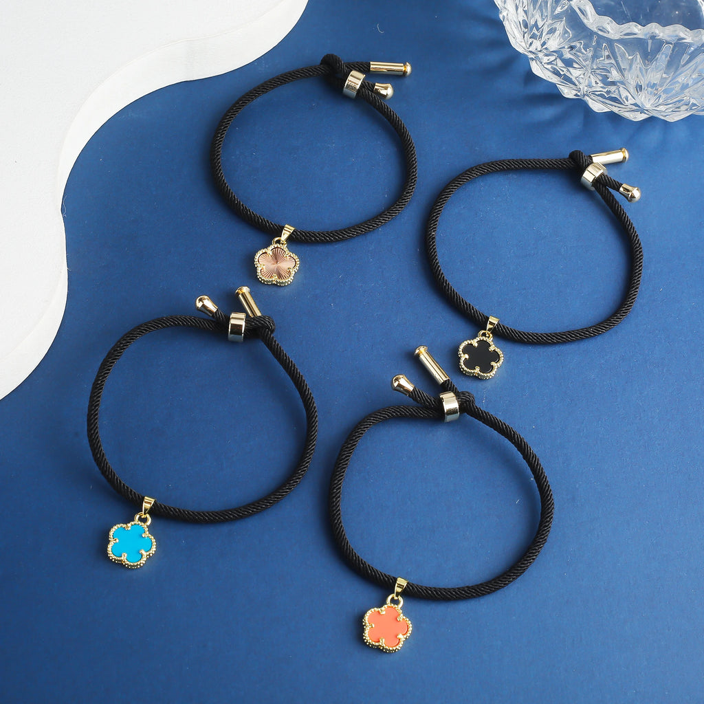Simple Black Rope Braided Natural Stone Five Leaf Flower Bracelet Classic for Woman Girl High Quality Party Jewelry Gift Clover Qme