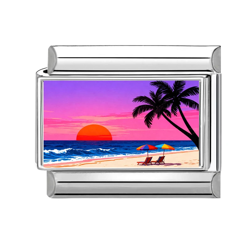 Fashion Colorful Scenery Boat Swan Lake Snow Mountain Charm Italian Link 9mm Bracelets Bangle Stainless Steel DIY Making Jewelry Qme Style 23