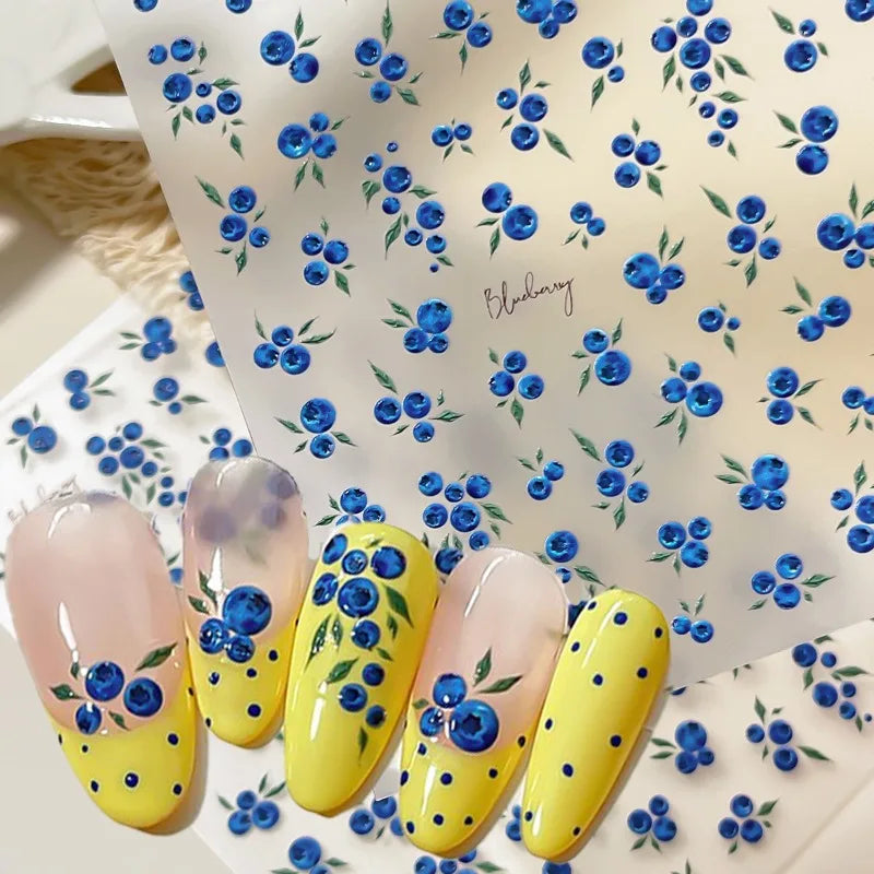 Blueberry French Polka Dot Nail Stickers Embossed Self Adhesive Fruit Decals Cute Red Blue Floral Nail Art Supplies For Manicure Qme