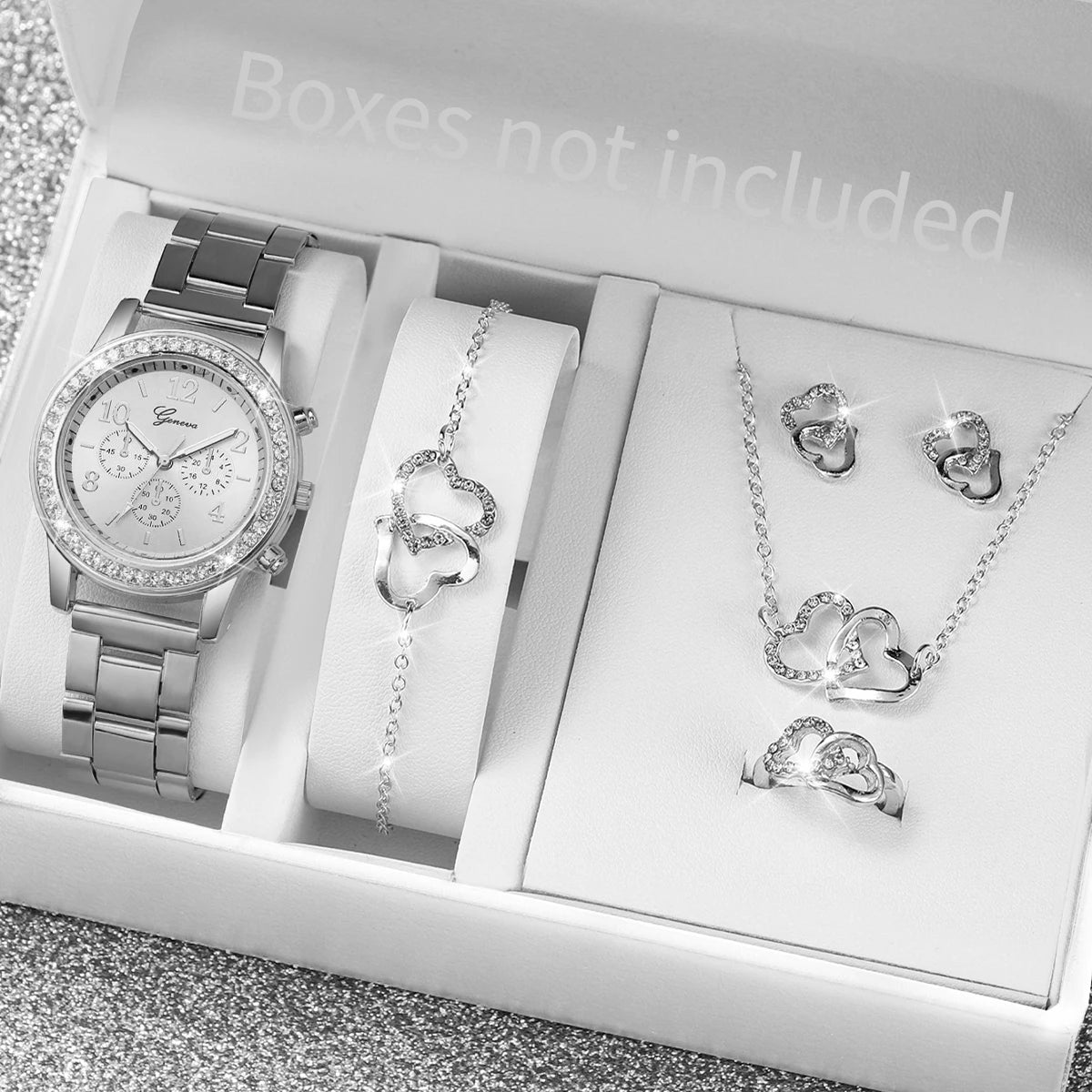 6PCS/Women's Watch Fashion Diamond Steel Strap Quartz Watch Double Heart Jewelry Set (No Box) Qme Silver No