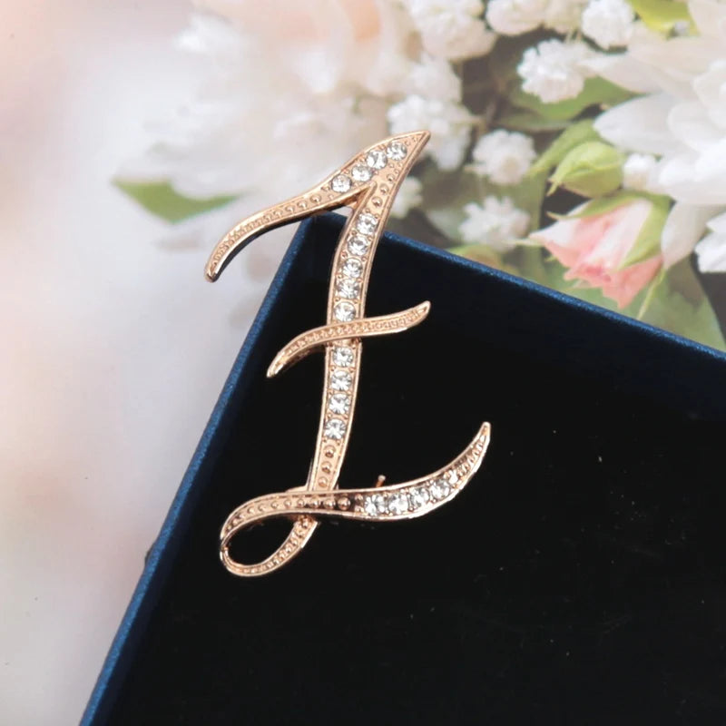Fashion Women Rhinestone Brooch A-z English Letter Gold Metal Pins Qme Z
