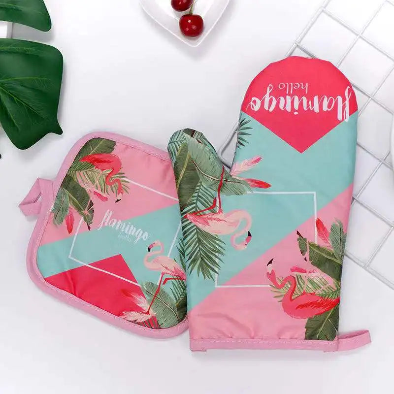 Kitchen Oven Gloves Flamingo Print Heat Resistant Anti-scald Mitts Qme green
