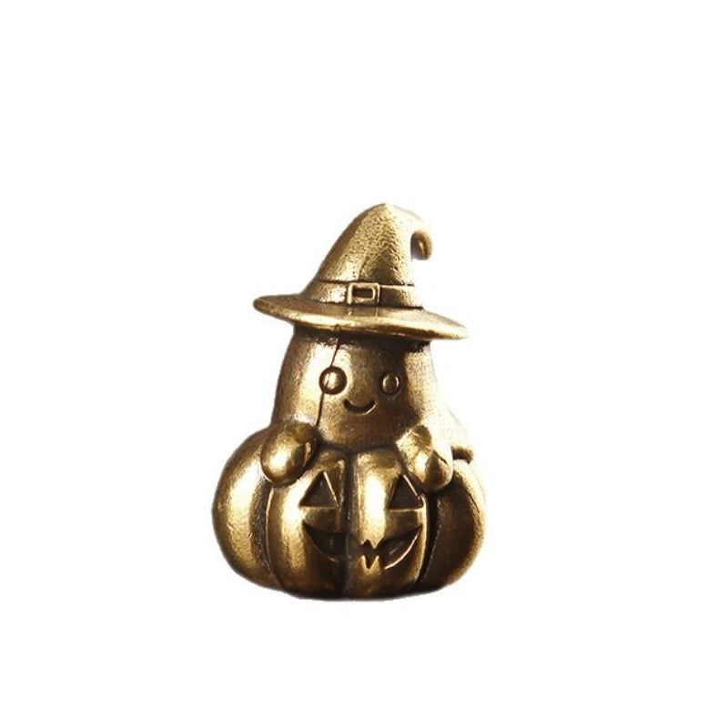 Vintage Brass Mini Ghost Pumpkin Figurine, Halloween Witch Hat Ghost Statue, Small Metal Desktop Ornament, Cute Halloween Decor Qme