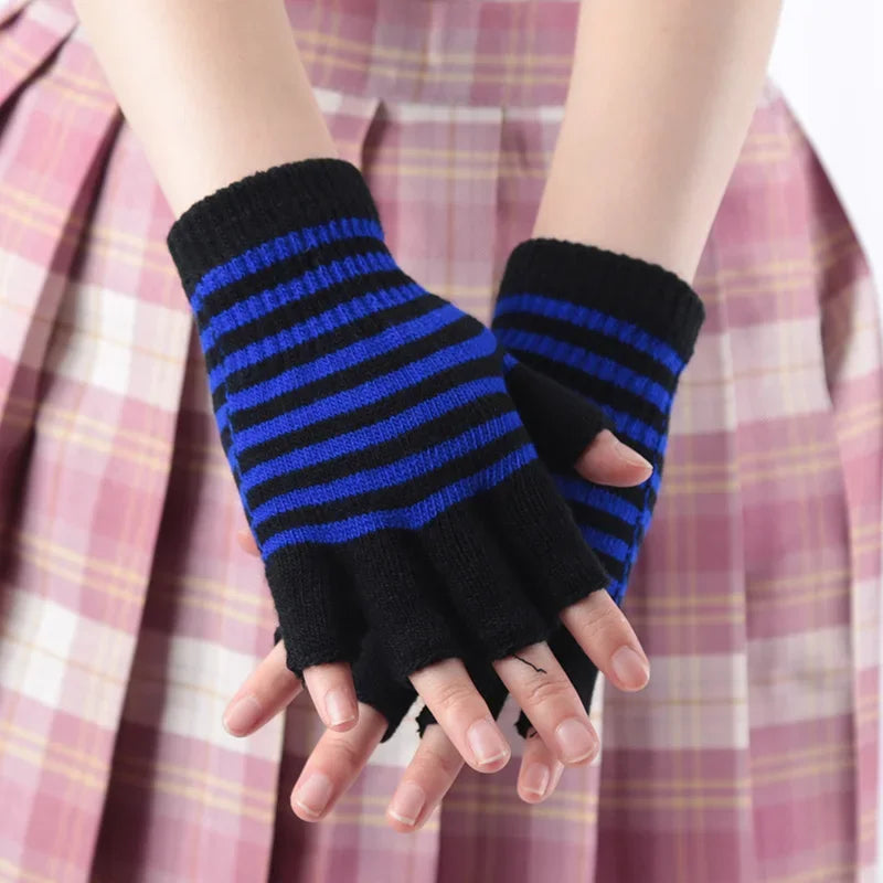 1Pair Black Stripe Half Finger Fingerless Gloves for Women and Men Knit Wrist Cotton Winter Warm Outdoor Gothic Lolita Mittens Qme black blue One Size