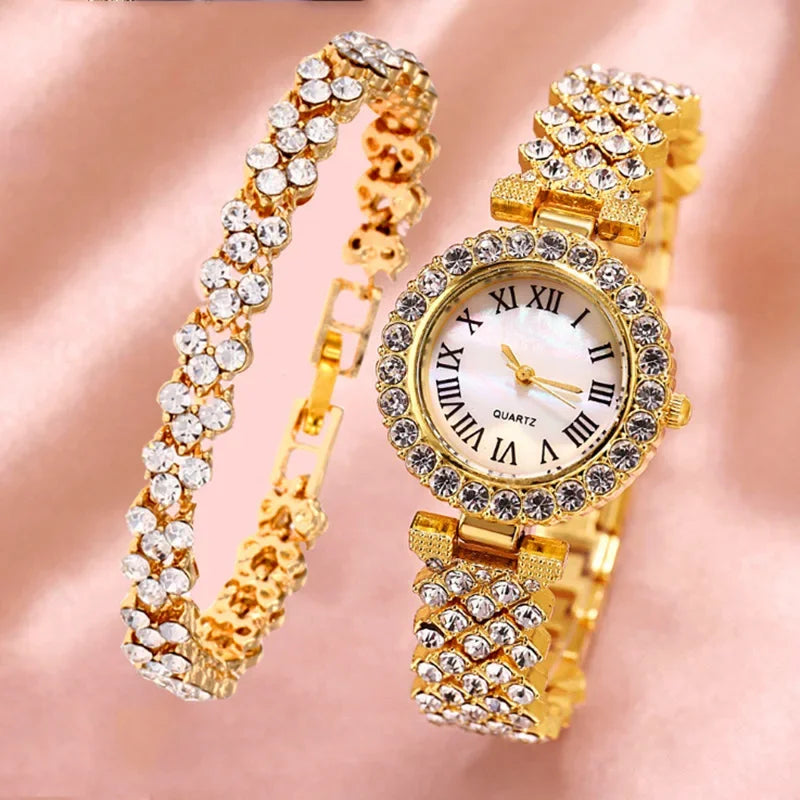2-piece luxury rhinestone watch set for women, fashionable watch set for women Qme Gold No