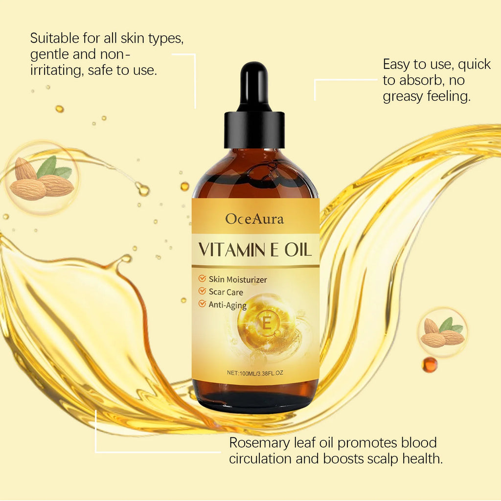 OceAura Vitamin E Oil Deep Moisturizing Fine Line Reducing Scar Repairing Hair Luster Boosting Multi Purpose Essential Oil 100mL Qme