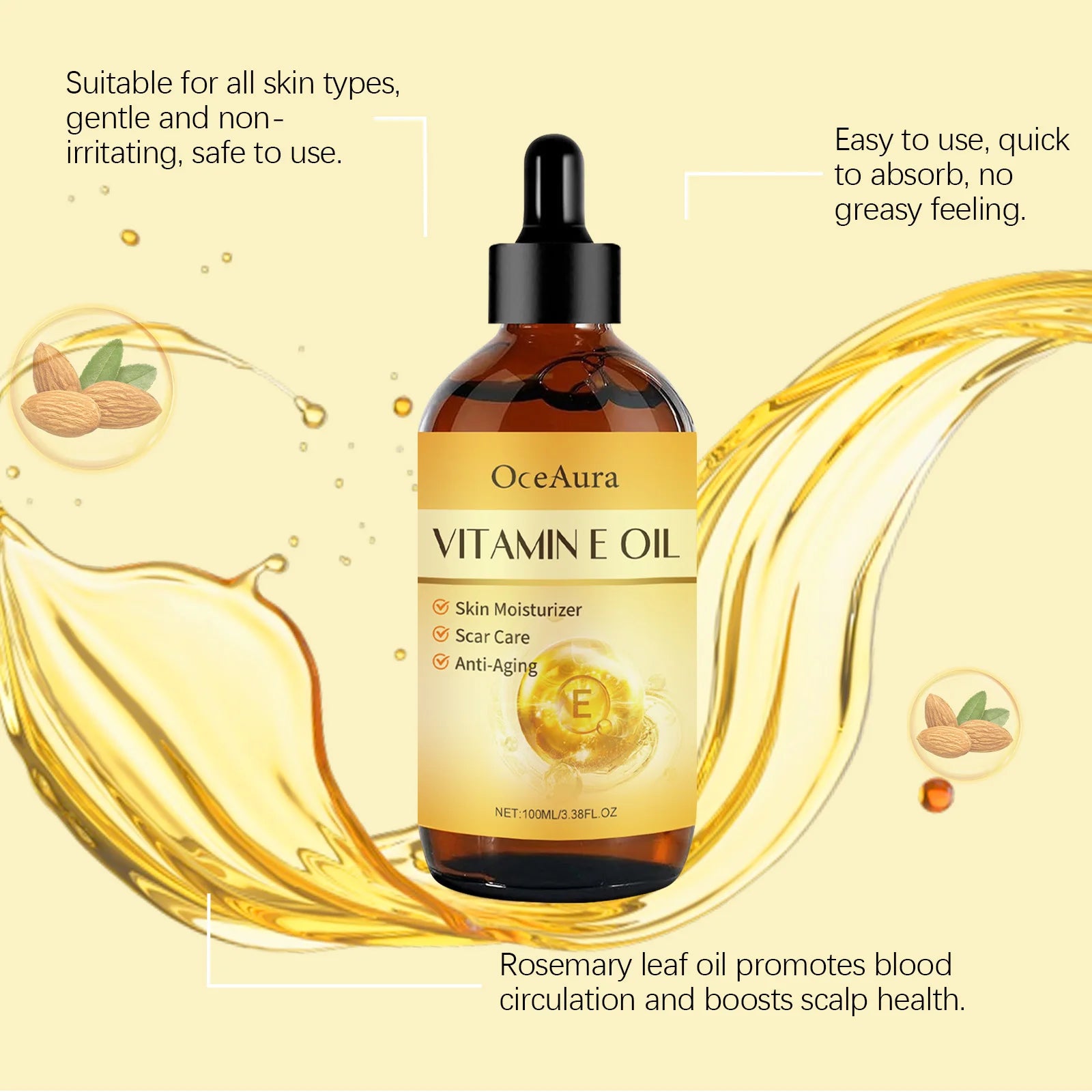 OceAura Vitamin E Oil Deep Moisturizing Fine Line Reducing Scar Repairing Hair Luster Boosting Multi Purpose Essential Oil 100mL Qme