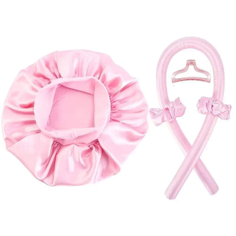 3 5 No-heat Curling Iron Satin Sleep Cap Hair Clips Comb Tie Women's Qme Pink with cap
