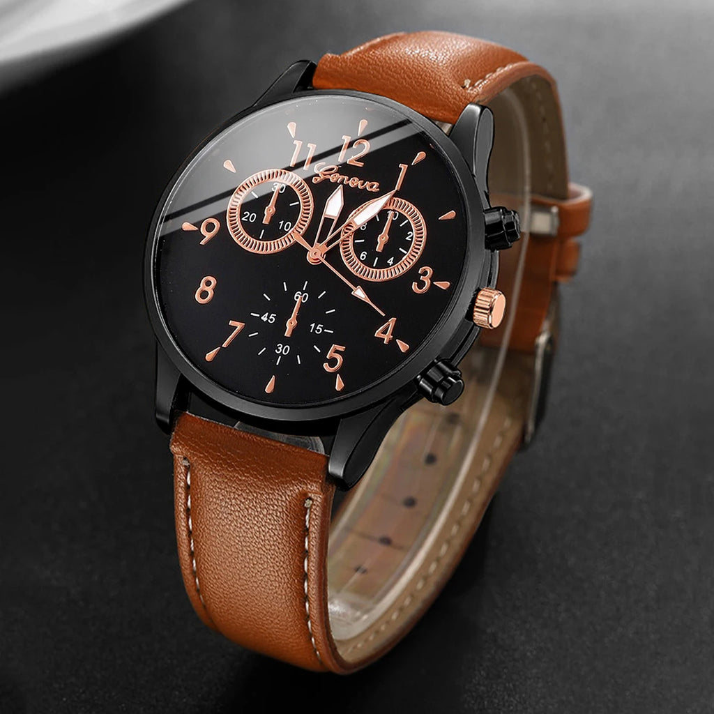 4 Pcs/Set Fashion Men's Casual Watches Men's Leather Bracelet Quartz Watch Man Present Bracelets Set (Without Box) Qme