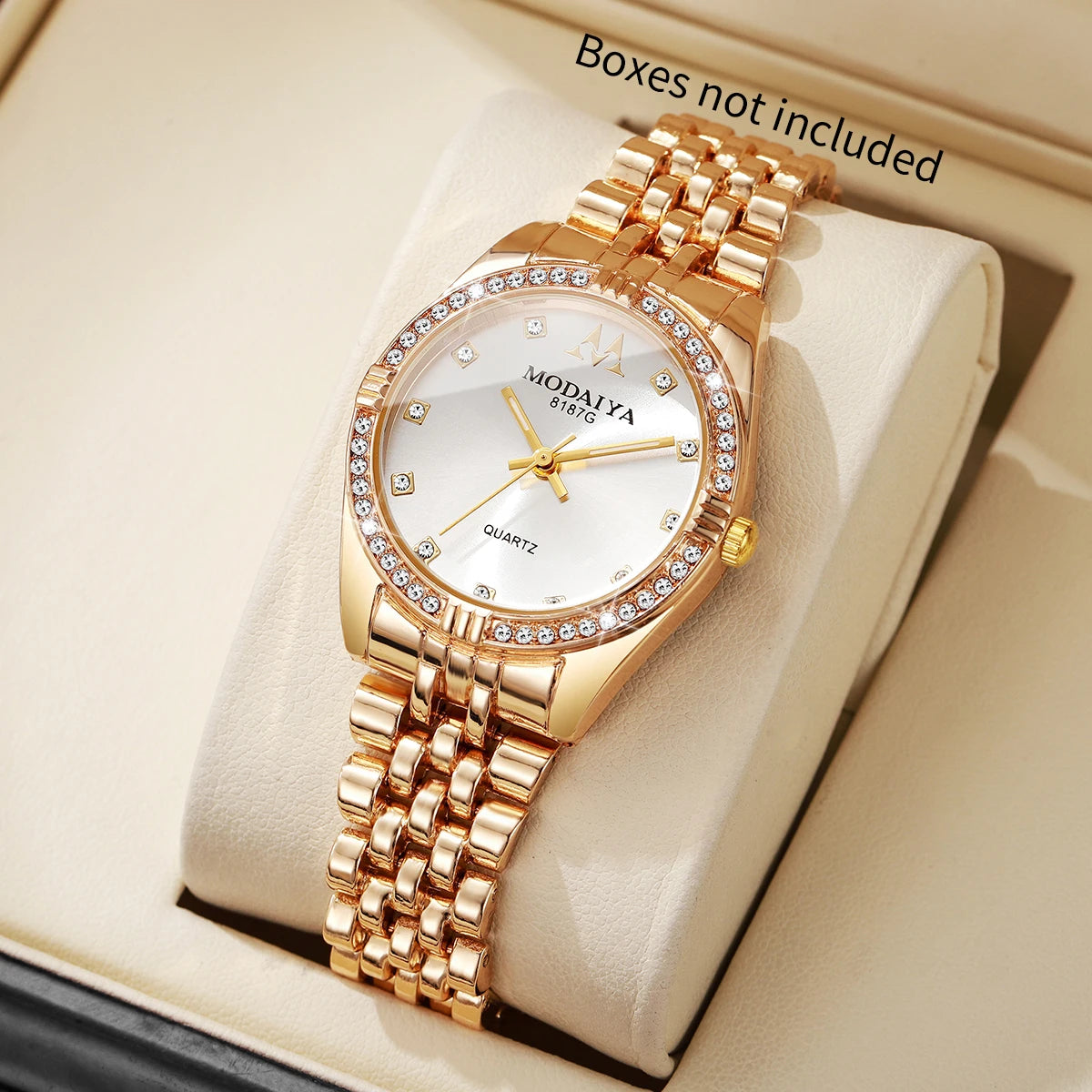 Classic Women's Quartz Watch Collection, 6 Styles with Crystal Bezel, Fashion Accessory Set Qme Gold White No Box