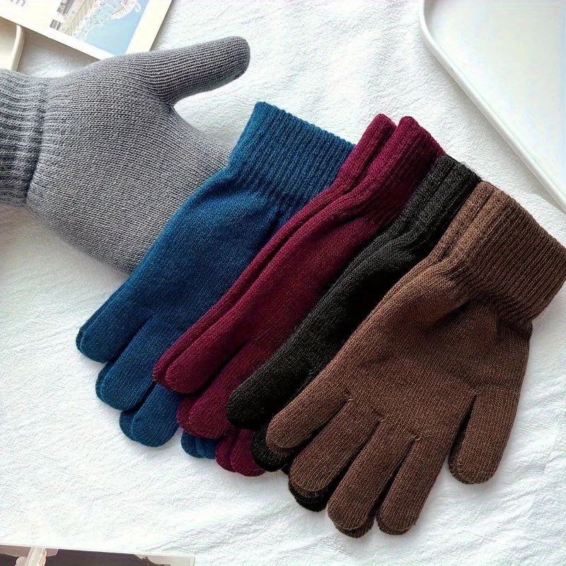 2/5 Pairs Winter Solid Color Knitted Gloves Warm Soft Elastic Cuff Thermal Mittens For Men Women Daily Outdoor Wear Qme